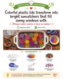 Colorful plastic lids transform into bright suncatchers that fill sunny windows with playful shapes and vibrant colors. 18 Colorful plastic lids transform into bright suncatchers that fill sunny…
