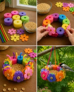 Colorful pool noodles, cereal rings, and foam petals transform into a playful flower bird feeder that adds a fun touch to the garden. A fun project to try this weekend. 19 Colorful pool noodles, cereal rings, and foam petals transform into…