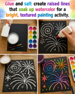 Glue and salt create raised lines that soak up watercolor for a bright, textured painting activity. 21 Glue and salt create raised lines that soak up watercolor…