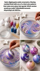 Hydro dipping gives plain ornaments a flowing marbled finish with one-of-a-kind color patterns that make every piece feel special. Which version would you make? #MarbledOrnaments #HydroDipCraft #DIYHo... 16 Hydro dipping gives plain ornaments a flowing marbled finish with…