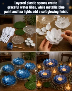 Layered plastic spoons create graceful water lilies, while metallic blue paint and tea lights add a soft glowing finish. 21 Layered plastic spoons create graceful water lilies, while metallic blue…