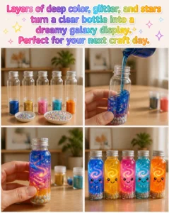 Layers of deep color, glitter, and stars turn a clear bottle into a dreamy galaxy display. Perfect for your next craft day. 20 Layers of deep color, glitter, and stars turn a clear…