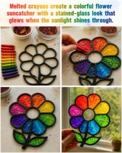 Melted crayons create a colorful flower suncatcher with a stained-glass look that glows when the sunlight shines through. 19 Melted crayons create a colorful flower suncatcher with a stained-glass…