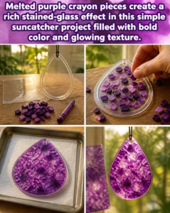 Melted purple crayon pieces create a rich stained-glass effect in this simple suncatcher project filled with bold color and glowing texture. 16 Melted purple crayon pieces create a rich stained-glass effect in…