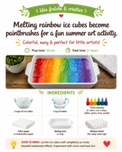 Melting rainbow ice cubes become paintbrushes for a fun summer art activity filled with colorful blends and creative patterns. #IceCubePainting #SummerArt #DIYArt #KidsCrafts 21 Melting rainbow ice cubes become paintbrushes for a fun summer…