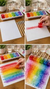 Melting rainbow ice cubes turn into paintbrushes for a fun summer art activity filled with colorful blends and creative patterns. 20 Melting rainbow ice cubes turn into paintbrushes for a fun…
