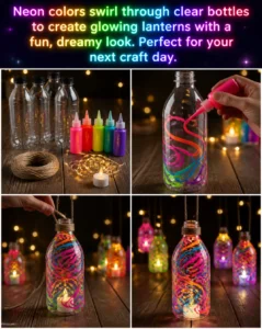 Neon colors swirl through clear bottles to create glowing lanterns with a fun, dreamy look. Perfect for your next craft day. 17 Neon colors swirl through clear bottles to create glowing lanterns…