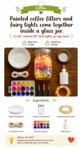 Painted coffee filters and fairy lights come together inside a glass jar to create a glowing jellyfish display with a soft underwater feel. Perfect for your next craft day. 22 Painted coffee filters and fairy lights come together inside a…