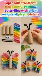 Paper rolls transform into colorful rainbow butterflies with bright wings and playful details. 22 Paper rolls transform into colorful rainbow butterflies with bright wings…