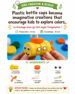 Plastic bottle caps become imaginative creations that encourage kids to explore colors, shapes, and hands-on creativity. 17 Plastic bottle caps become imaginative creations that encourage kids to…