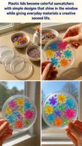 Plastic lids become colorful suncatchers with simple designs that shine in the window while giving everyday materials a creative second life. 17 Plastic lids become colorful suncatchers with simple designs that shine…