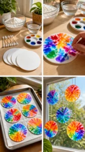 Rainbow cornstarch disks dry into bright translucent suncatchers that bring colorful patterns to any sunny window. 18 Rainbow cornstarch disks dry into bright translucent suncatchers that bring…