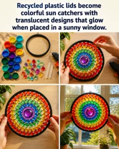 Recycled plastic lids become colorful sun catchers with translucent designs that glow when placed in a sunny window. 18 Recycled plastic lids become colorful sun catchers with translucent designs…