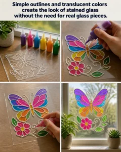 Simple outlines and translucent colors create the look of stained glass without the need for real glass pieces. 15 Simple outlines and translucent colors create the look of stained…