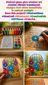 Stained glass glue window art creates vibrant translucent designs that shine beautifully in natural sunlight ✨ Save this project! #StainedGlass #GlueCraft #WindowArt #CreativeKids #DIYDecor #Colorful... 17 Stained glass glue window art creates vibrant translucent designs that…