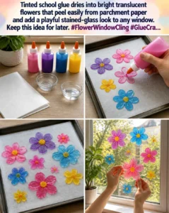 Tinted school glue dries into bright translucent flowers that peel easily from parchment paper and add a playful stained-glass look to any window. Keep this idea for later. #FlowerWindowCling #GlueCra... 19 Tinted school glue dries into bright translucent flowers that peel…