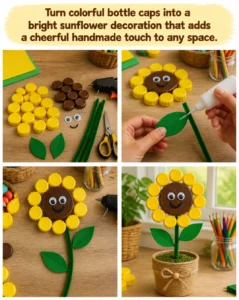 Turn colorful bottle caps into a bright sunflower decoration that adds a cheerful handmade touch to any space. 14 Turn colorful bottle caps into a bright sunflower decoration that…