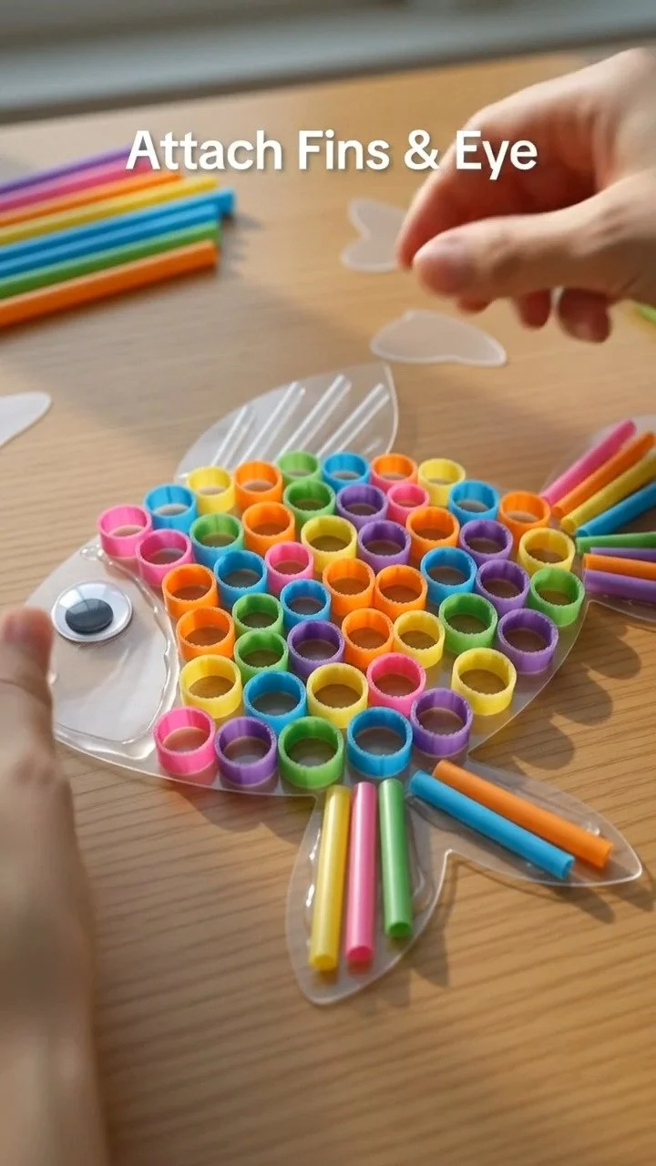 Colorful drinking straws become a playful textured fish with bright fins and a cheerful handmade look. 12 Colorful drinking straws become a playful textured fish with bright fins and a cheerful handmade look.