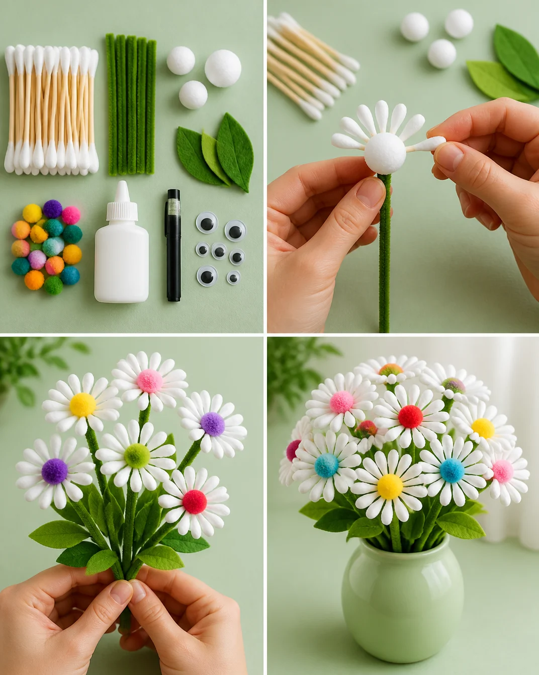 Cotton swabs turn into a lovely bouquet of handmade flowers that makes a bright decoration for any season. 7 Cotton swabs turn into a lovely bouquet of handmade flowers that makes a bright decoration for any season.