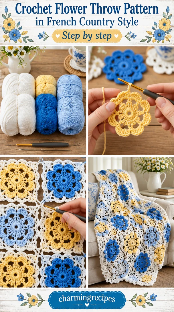 Crochet Flower Throw Pattern in French Country Style 5 Crochet French Country Flower Throw Pattern
