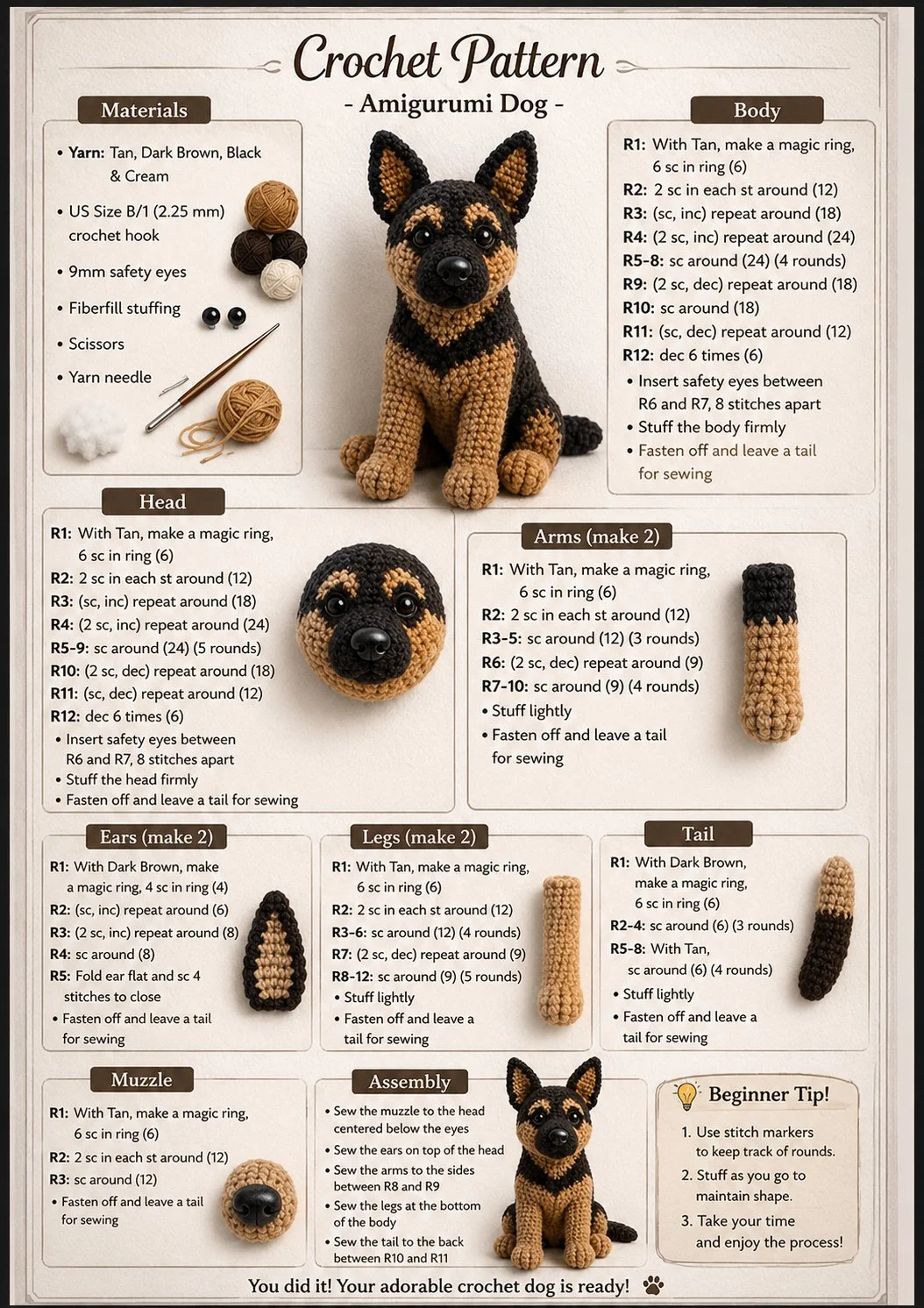 Crochet German Shepherd Amigurumi Pattern 6 Crochet Dog Pattern PDF - German Shepherd Amigurumi Pattern - Easy DIY Crochet Dog Toy