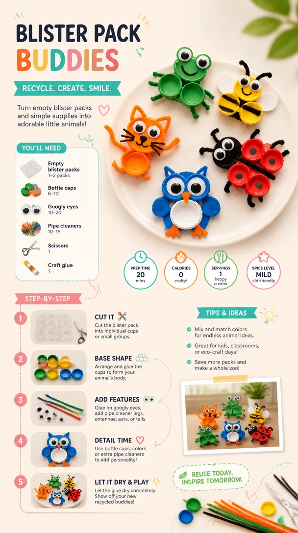 Empty blister packs become adorable little animals with simple craft supplies and a bit of creativity for a fun recycling project. 6 Empty blister packs become adorable little animals with simple craft supplies and a bit of creativity for a fun recycling project.