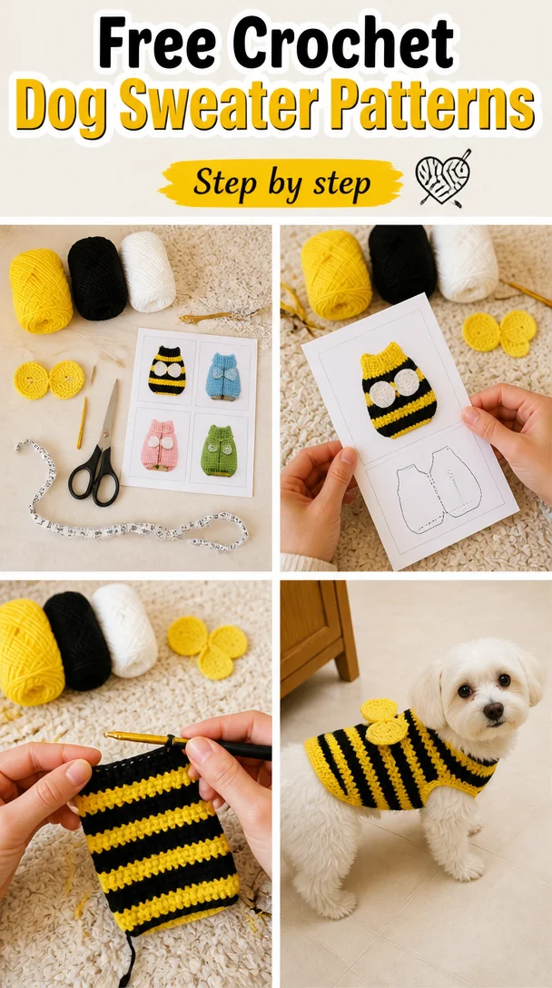 Free Crochet Dog Sweater Patterns 5 11 Free Crochet Patterns for Dog Sweaters | Bee costume for dogs, Bee sweater for dogs, Bumble bee dog sweater pattern