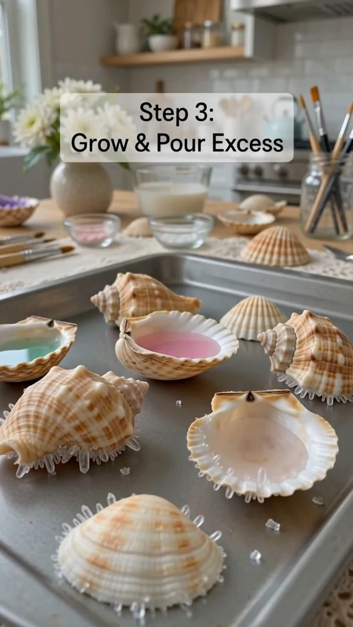 Grow sparkling crystal formations on seashells to create beautiful geode-inspired decorations with a natural seaside feel. Save this idea for later. 4 Grow sparkling crystal formations on seashells to create beautiful geode-inspired decorations with a natural seaside feel. Save this idea for later.