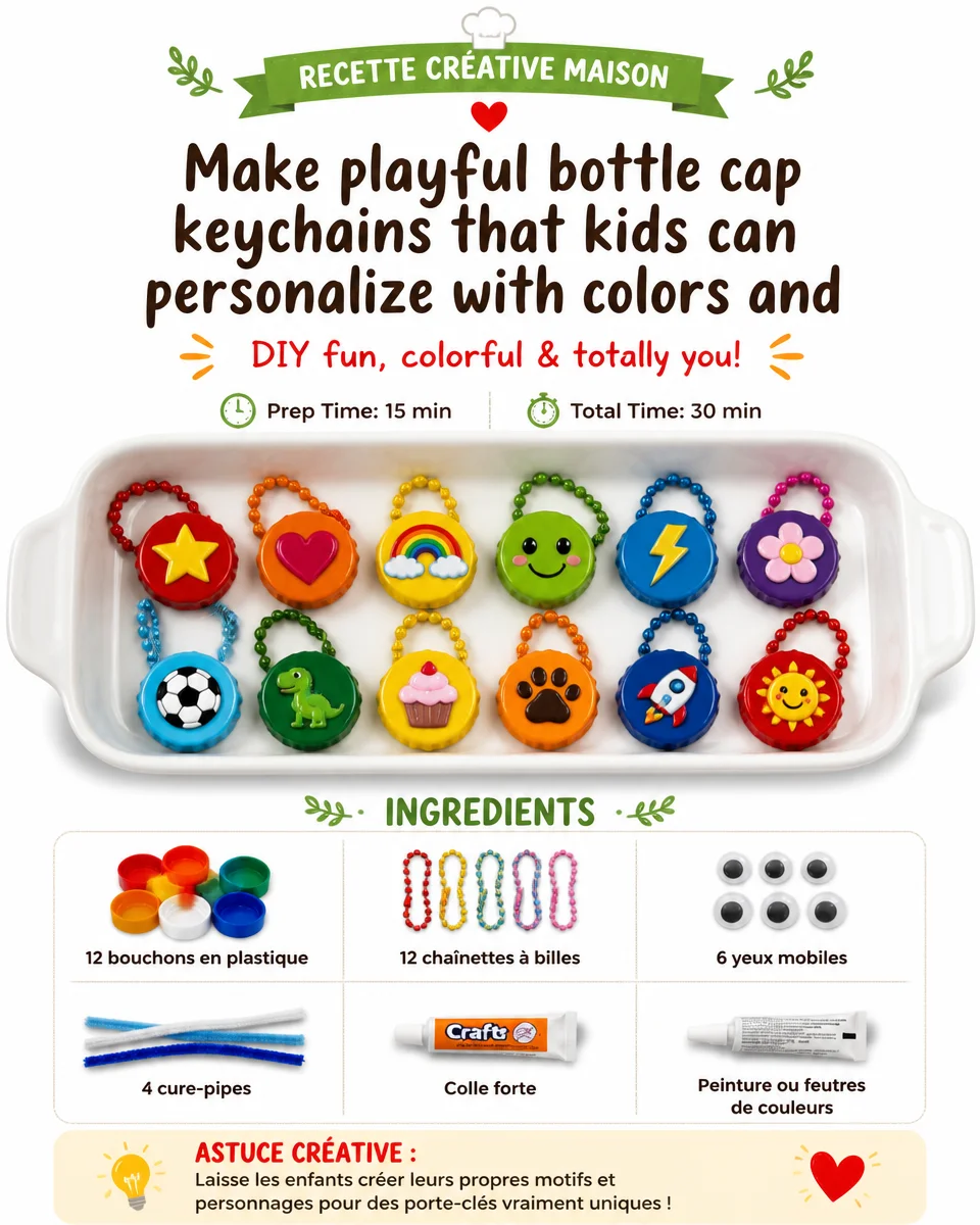 Make playful bottle cap keychains that kids can personalize with colors and simple decorations for everyday fun. Perfect for your next craft day. 2 Make playful bottle cap keychains that kids can personalize with colors and simple decorations for everyday fun. Perfect for your next craft day.