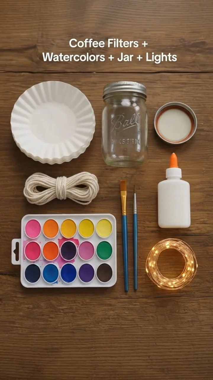 Painted coffee filters and fairy lights come together inside a glass jar to create a glowing jellyfish display with a soft underwater feel. Perfect for your next craft day. 8 Painted coffee filters and fairy lights come together inside a glass jar to create a glowing jellyfish display with a soft underwater feel. Perfect for your next craft day.
